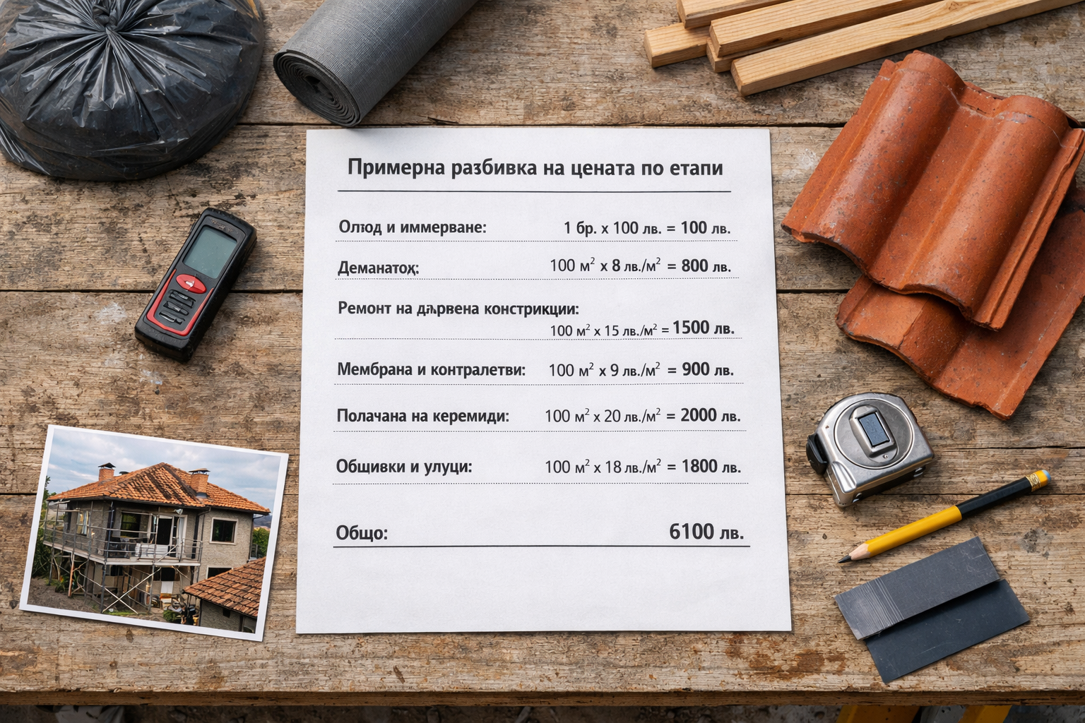 Смета за смяна на покрив на къща цена с етапи, материали, керемиди, инструменти и снимка на строителен обект.