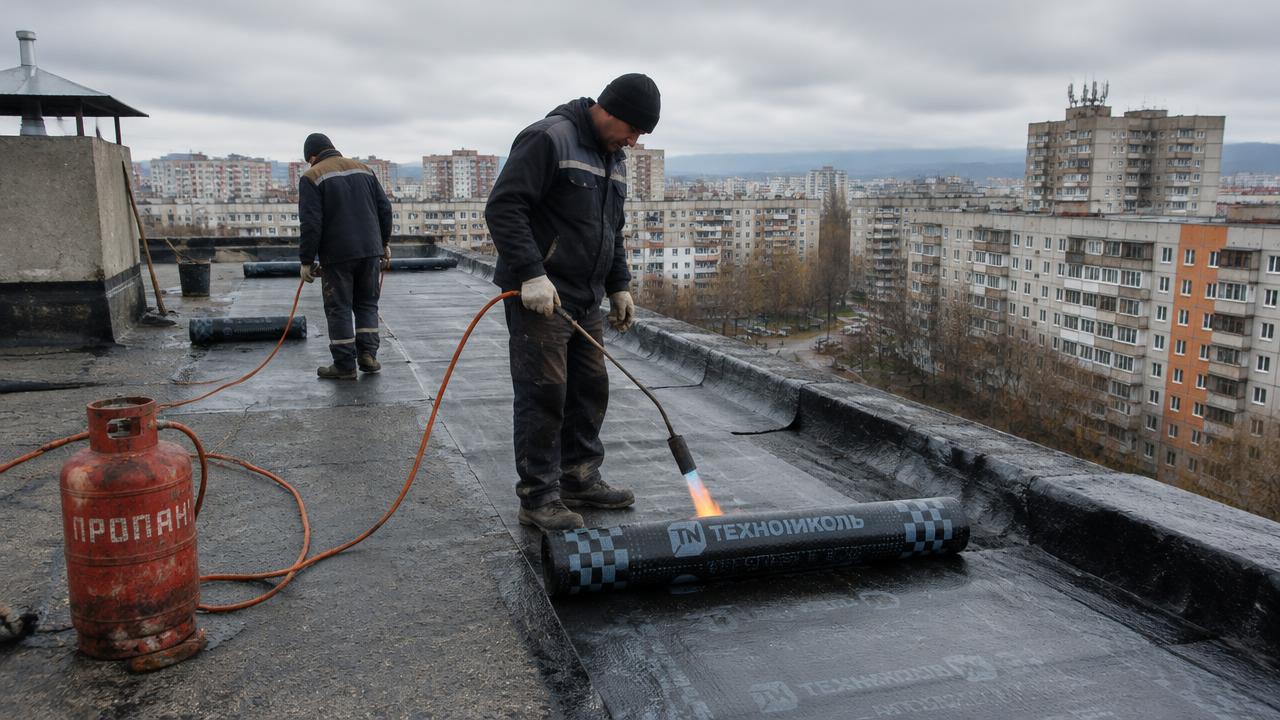 Полагане на битумна мембрана на покрив на блок в София